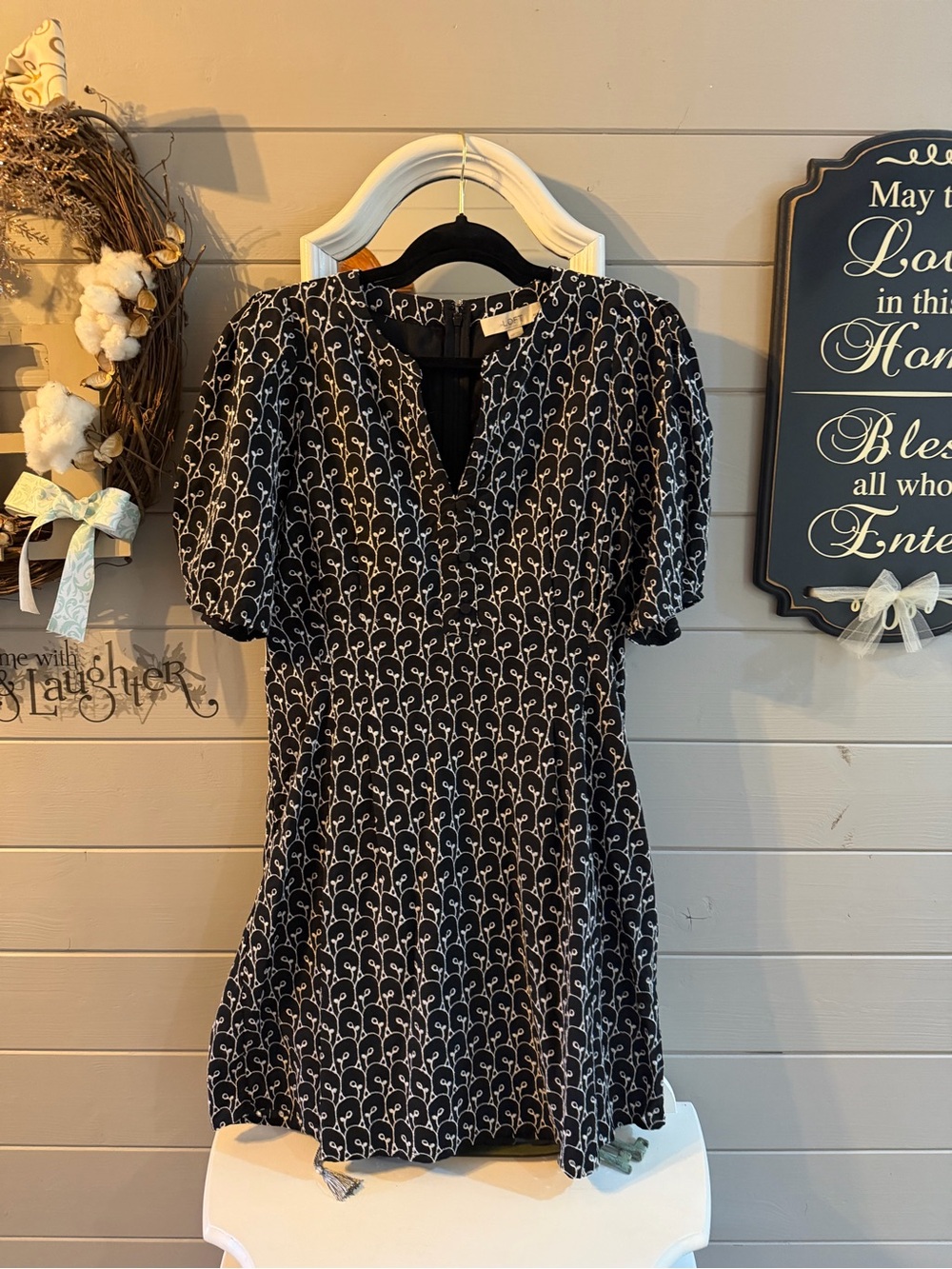 Loft Black w/White Embroidery Print Puff-Sleeve Women’s Dress